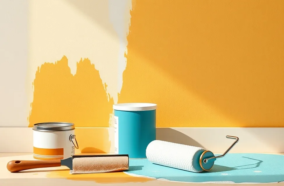 Outils de peinture disposés dans l'ordre des étapes du chantier