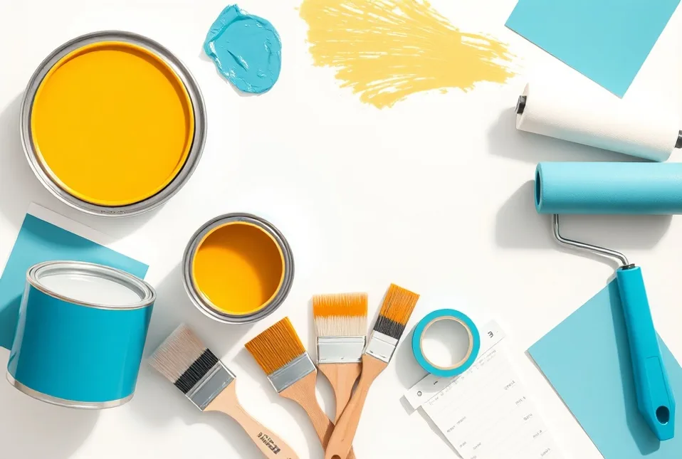 Pots de peinture, nuancier, brosses et rouleaux disposés à plat