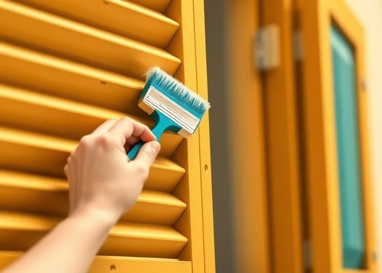 Mise en peinture au pinceau de volets et d'encadrements en bois