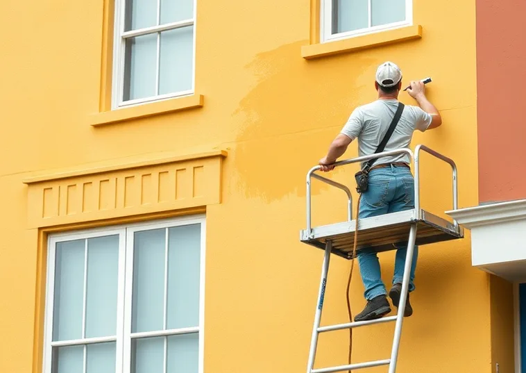 Peintre sur échafaudage traitant la façade d'une maison