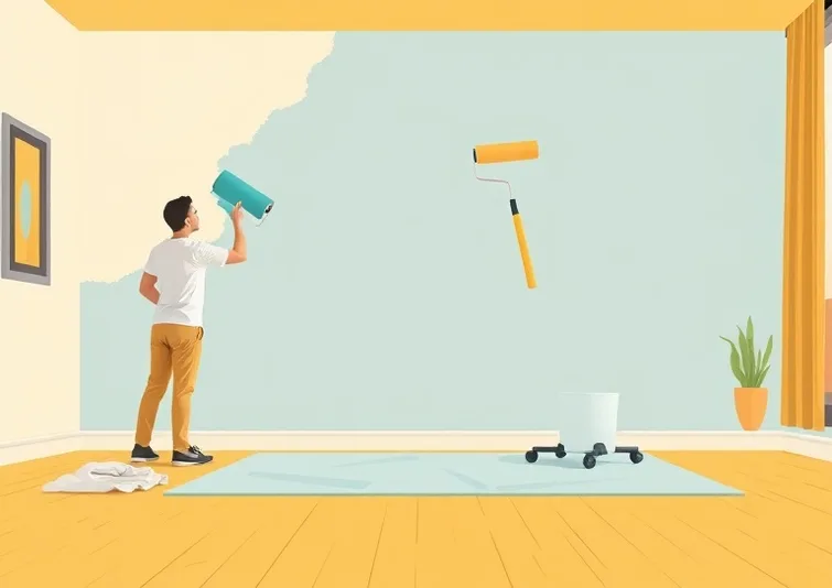 Peintre appliquant la peinture au rouleau sur un mur de salon